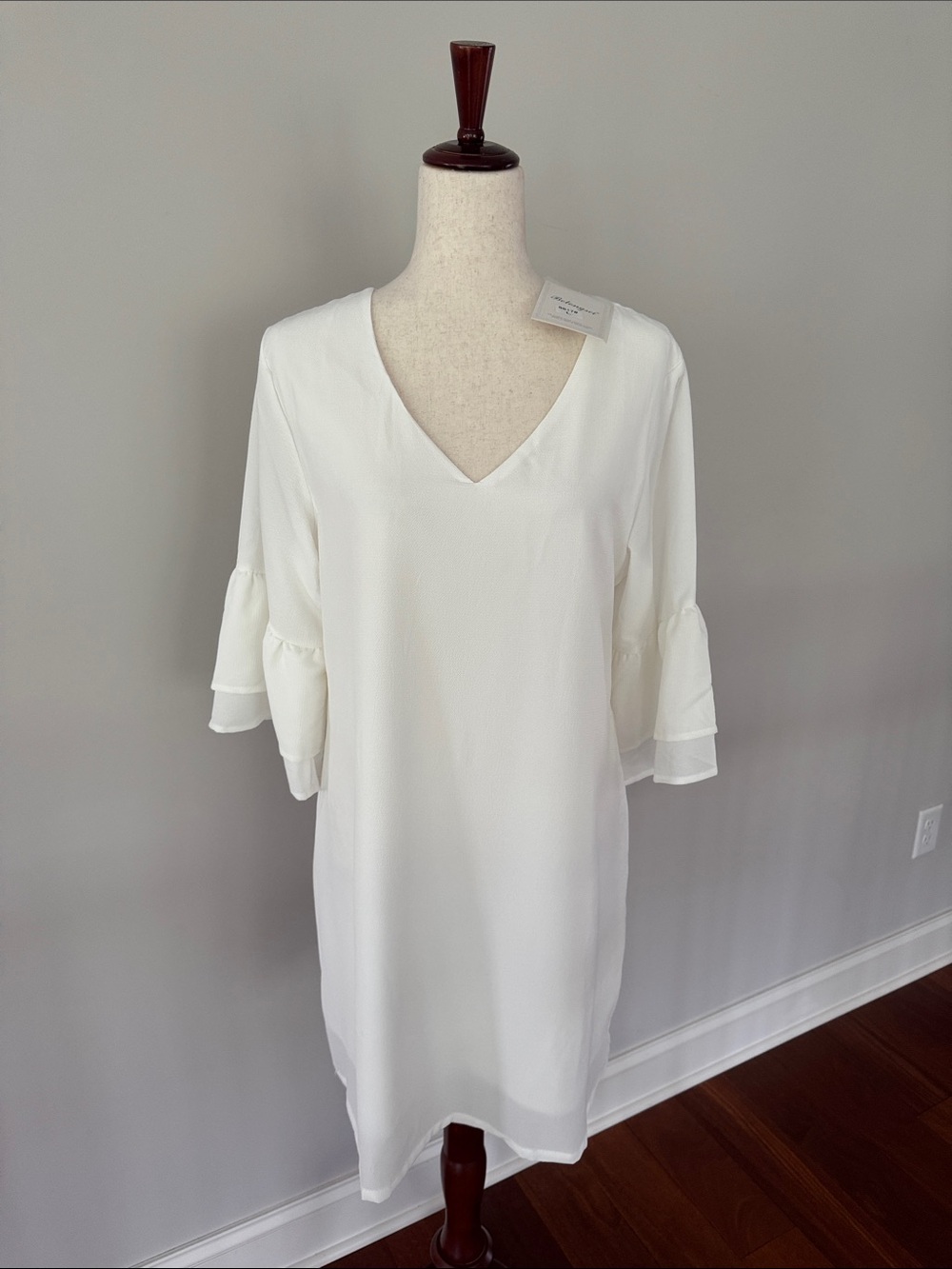 White V-Neck Ruffle Sleeve Tunic Dress